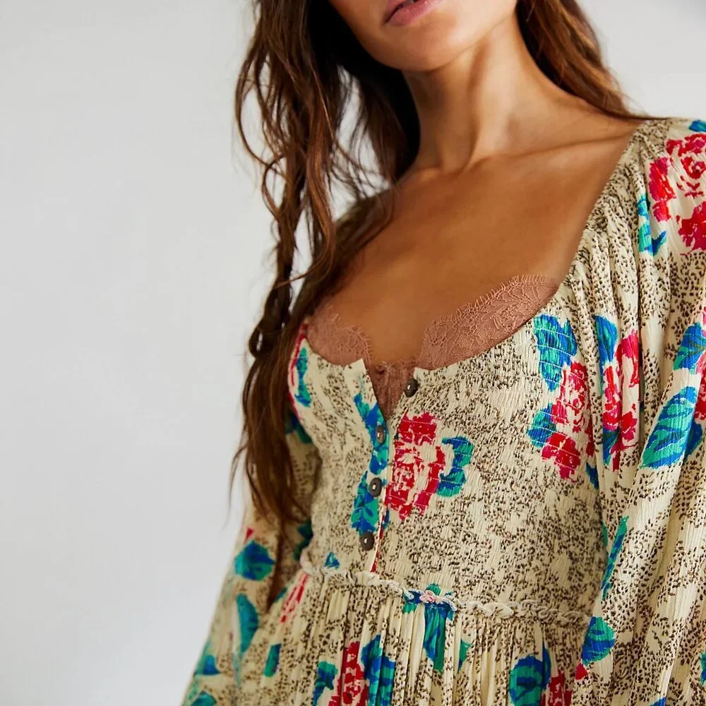 Free People Summer Picnic Printed Mini Dress in Creme - sz XS